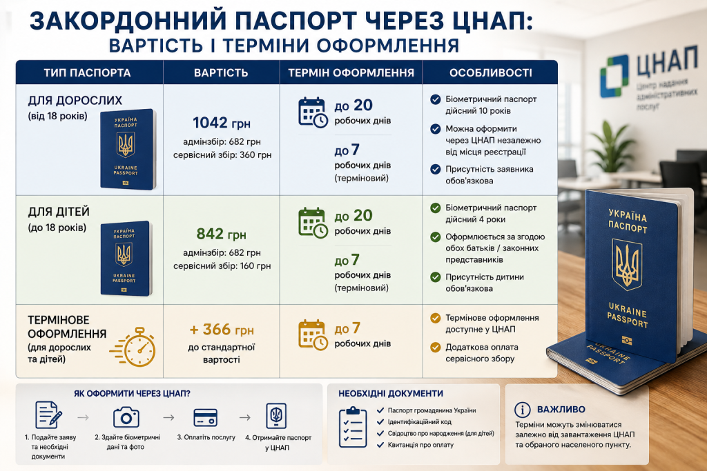Інфографіка про оформлення закордонного паспорта через ЦНАП, вартість, терміни виготовлення та необхідні документи