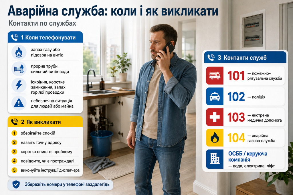 Інфографіка про виклик аварійних служб при витоку газу, води, проблемах з електрикою та інших небезпечних ситуаціях