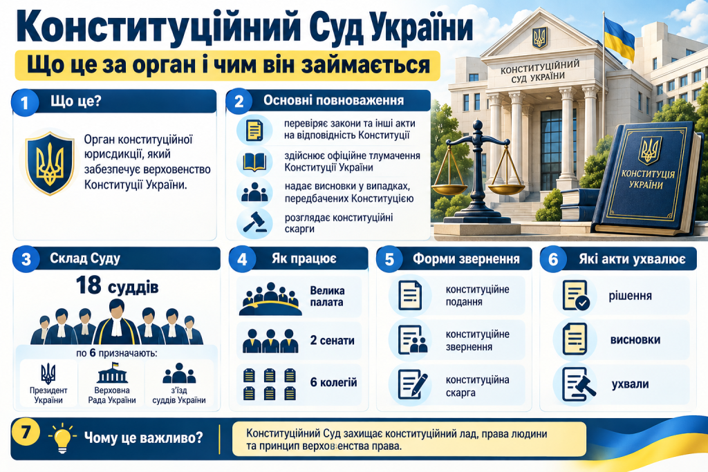 Інфографіка про Конституційний Суд України з поясненням його повноважень, складу із 18 суддів, порядку роботи, форм звернення та видів ухвалюваних актів.