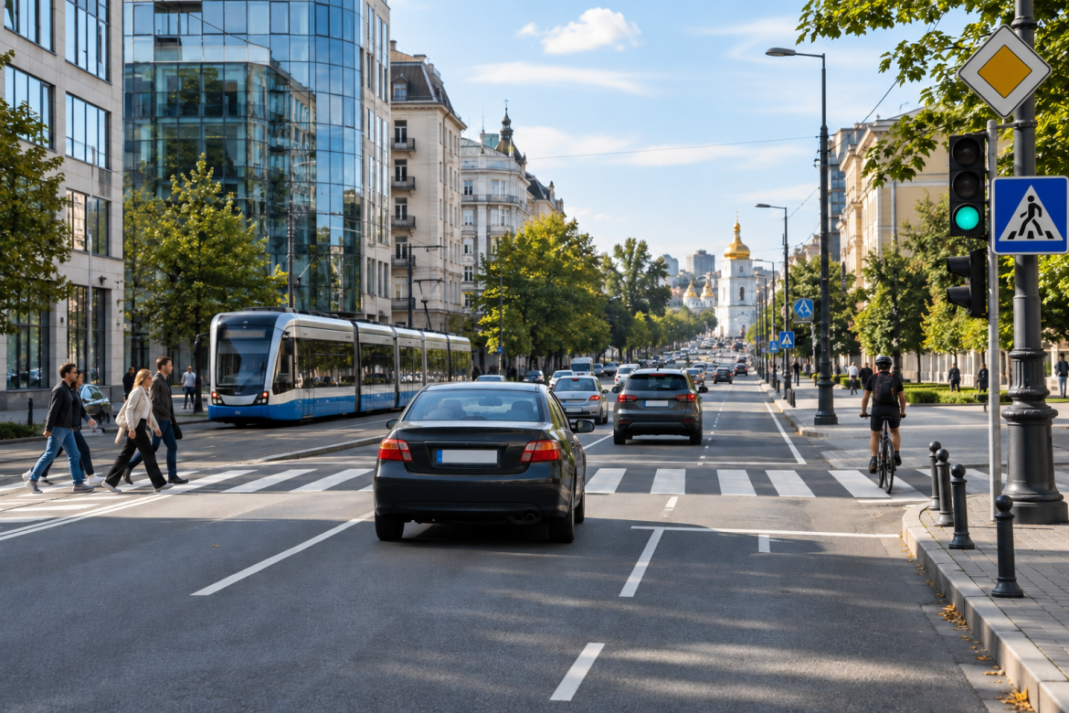 Міський дорожній рух з автомобілями, громадським транспортом, пішоходами, велосипедистом, світлофором і дорожніми знаками