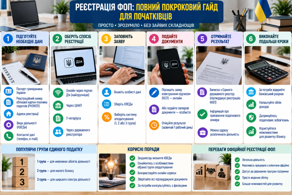 Інфографіка з покроковою інструкцією реєстрації ФОП в Україні, вибору КВЕДів, системи оподаткування та подальших дій