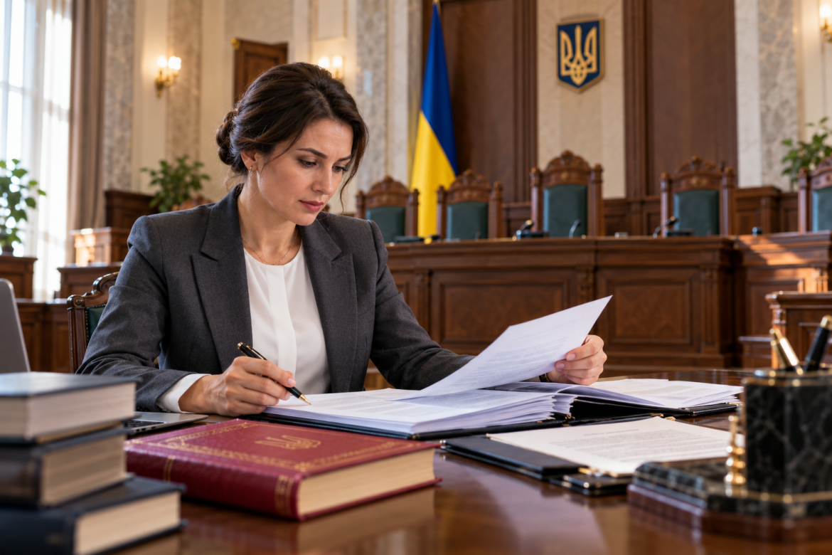 Жінка-юристка в діловому костюмі вивчає юридичні документи та працює з матеріалами справи за столом в інтер'єрі судової зали з українською державною символікою.