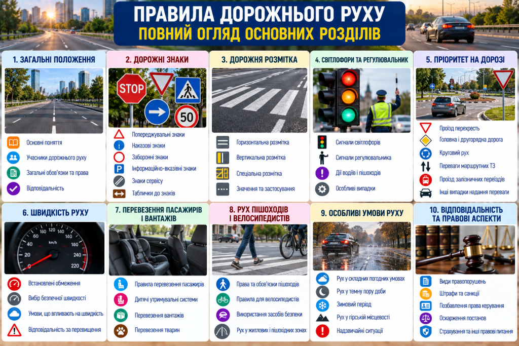 Інфографіка з основними розділами правил дорожнього руху, дорожніми знаками, розміткою, світлофорами, швидкістю та відповідальністю водіїв
