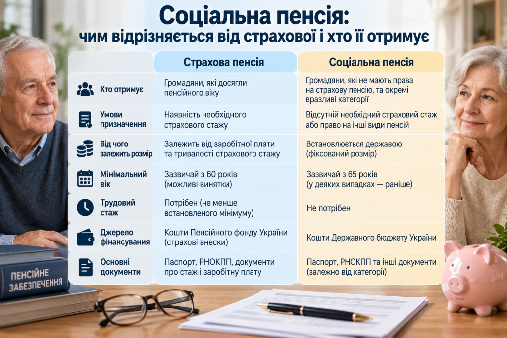 Порівняльна таблиця соціальної та страхової пенсії в Україні з інформацією про умови призначення, страховий стаж, фінансування та необхідні документи.
