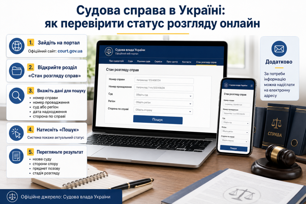Інфографіка з інструкцією перевірки статусу судової справи онлайн через портал Судової влади України