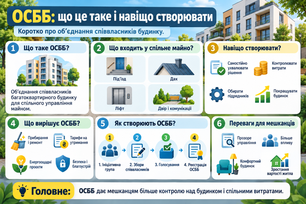 Інфографіка про об'єднання співвласників багатоквартирного будинку з поясненням спільного майна, етапів створення ОСББ, його функцій та переваг для мешканців.