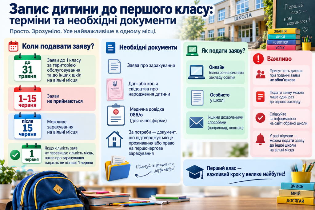 Інфографіка про запис дитини до першого класу, строки подання заяви, необхідні документи та способи оформлення.